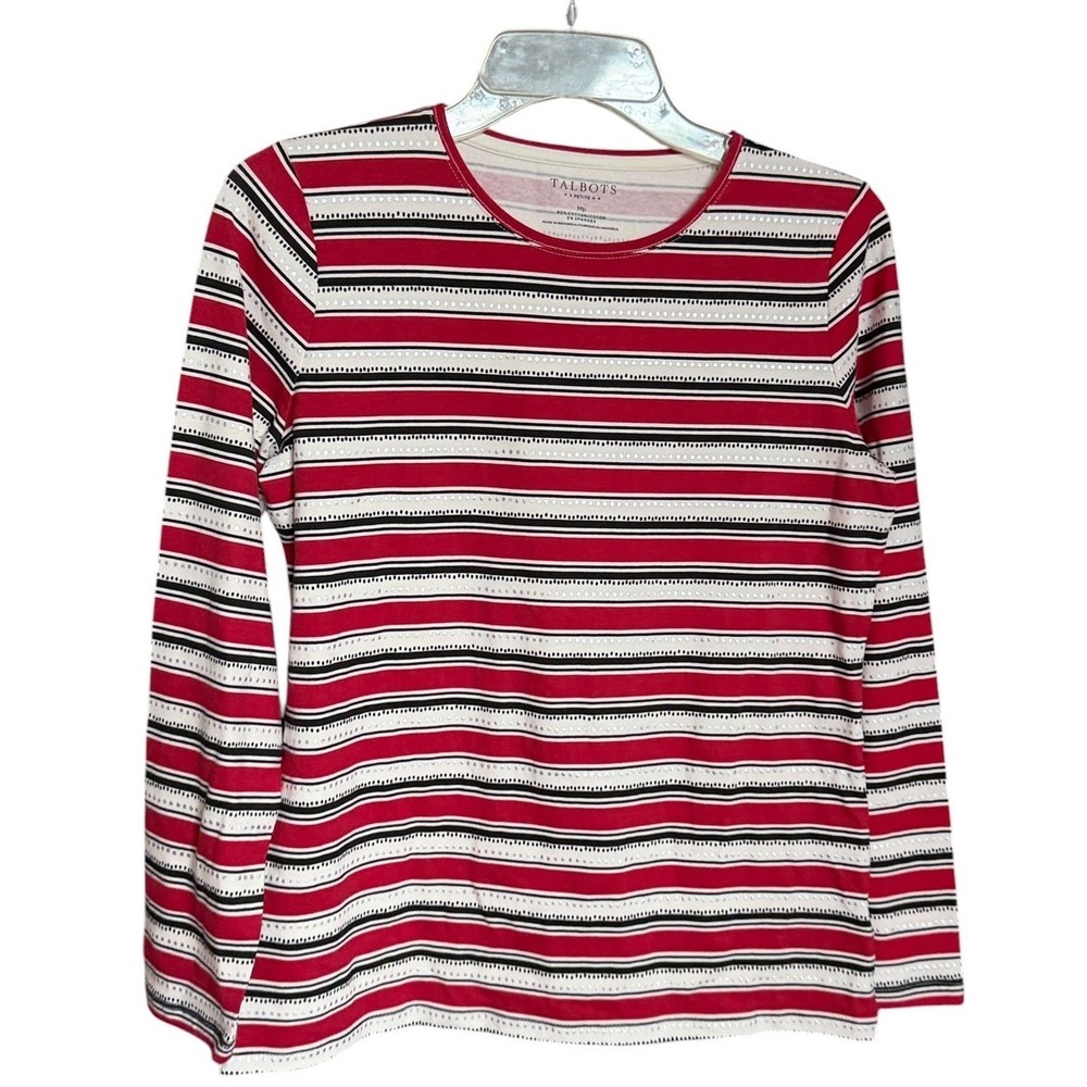 Talbots Petite Red White Black Striped Silver Metallic Dot Long Sleeve Top M